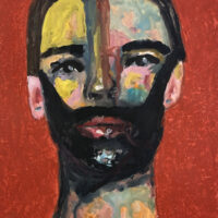 Gouache portrait painting of a man titled Bearded Wisdom by Katie Jeanne Wood