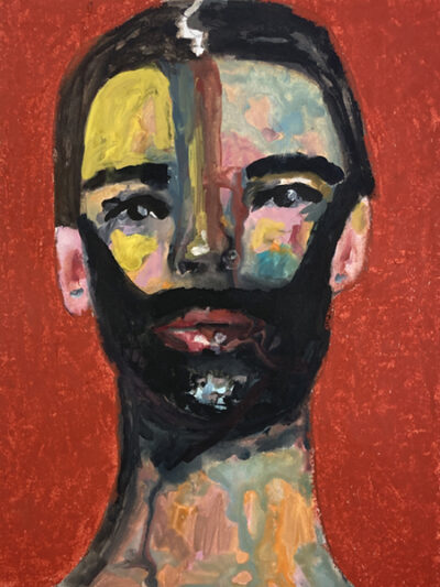 Gouache portrait painting of a man titled Bearded Wisdom by Katie Jeanne Wood