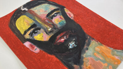 Gouache portrait painting of a man titled Bearded Wisdom by Katie Jeanne Wood