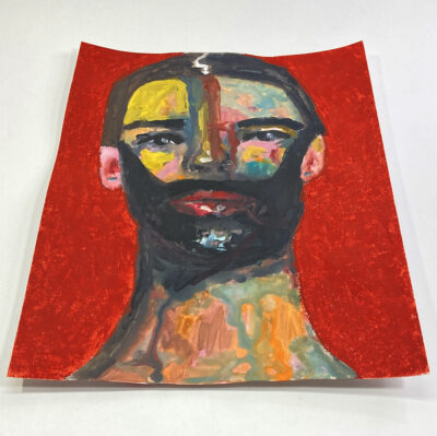 Gouache portrait painting of a man titled Bearded Wisdom by Katie Jeanne Wood