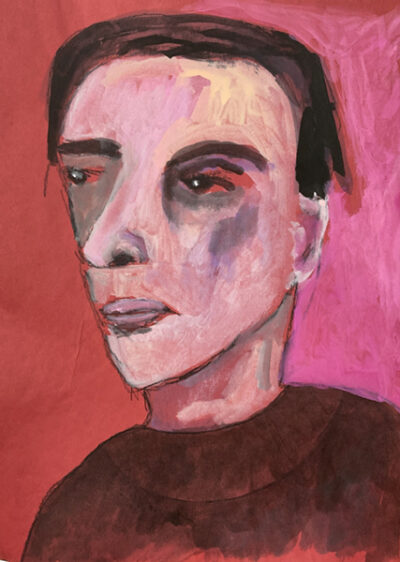 Gouache portrait painting of a man titled Compassionate by Katie Jeanne Wood