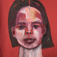 Gouache portrait painting of a woman titled Contentment by Katie Jeanne Wood