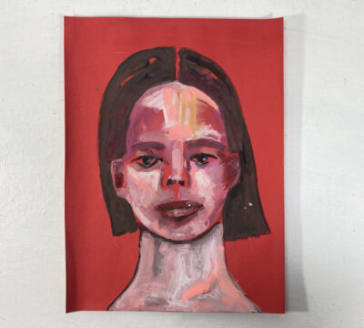 Gouache portrait painting of a woman titled Contentment by Katie Jeanne Wood