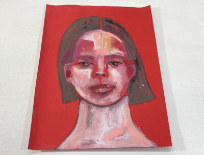 Gouache portrait painting of a woman titled Contentment by Katie Jeanne Wood