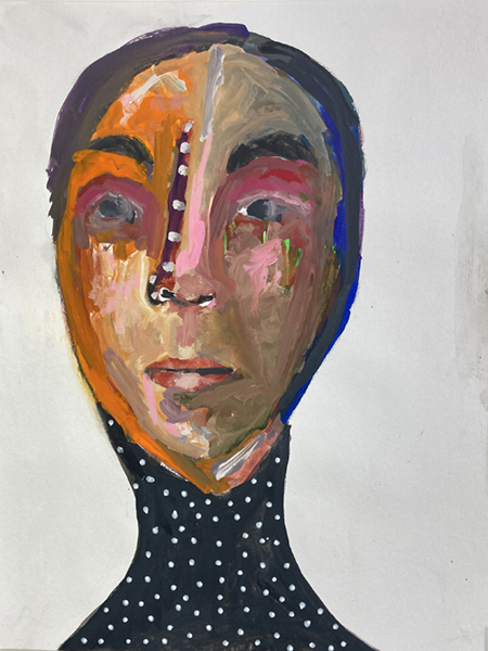 Gouache portrait painting of a woman titled Hungry All The Time by Katie Jeanne Wood