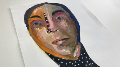 Gouache portrait painting of a woman titled Hungry All The Time by Katie Jeanne Wood