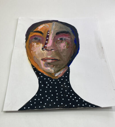 Gouache portrait painting of a woman titled Hungry All The Time by Katie Jeanne Wood