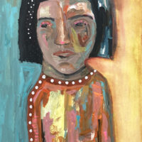 Gouache portrait painting of a woman titled Internal Drama by Katie Jeanne Wood