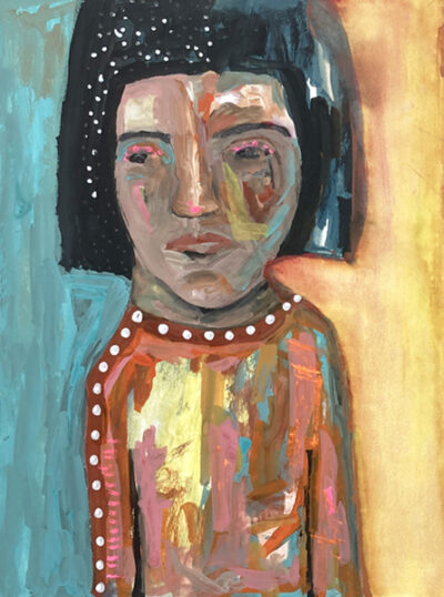 Gouache portrait painting of a woman titled Internal Drama by Katie Jeanne Wood