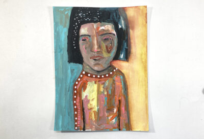 Gouache portrait painting of a woman titled Internal Drama by Katie Jeanne Wood