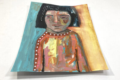 Gouache portrait painting of a woman titled Internal Drama by Katie Jeanne Wood