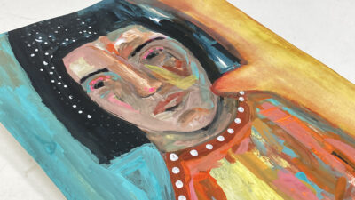 Gouache portrait painting of a woman titled Internal Drama by Katie Jeanne Wood