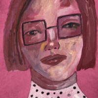 Gouache portrait painting of a woman titled Low Energy by Katie Jeanne Wood