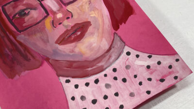 Gouache portrait painting of a woman titled Low Energy by Katie Jeanne Wood