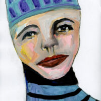 Gouache portrait painting of a boy wearing a blue hat with kitty ears titled Nuanced Personality by Katie Jeanne Wood