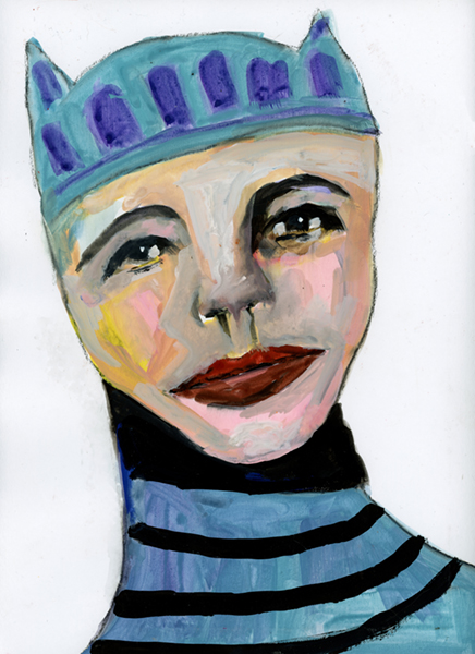 Gouache portrait painting of a boy wearing a blue hat with kitty ears titled Nuanced Personality by Katie Jeanne Wood