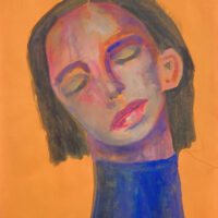 Gouache portrait painting of a woman titled Road to Tranquility on orange paper by Katie Jeanne Wood