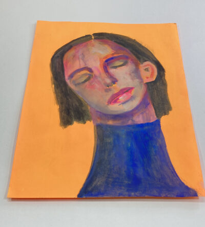 Gouache portrait painting of a woman titled Road to Tranquility on orange paper by Katie Jeanne Wood