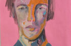 Gouache portrait painting of a woman titled Things That Are Broken For $200, Alex on pink paper by Katie Jeanne Wood