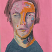 Gouache portrait painting of a woman titled Things That Are Broken For $200, Alex on pink paper by Katie Jeanne Wood