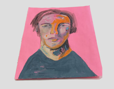 Gouache portrait painting of a woman titled Things That Are Broken For $200, Alex on pink paper by Katie Jeanne Wood