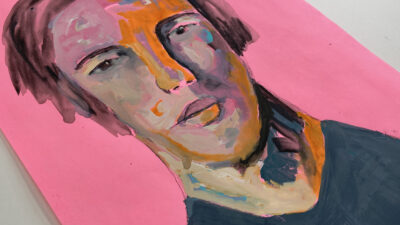 Gouache portrait painting of a woman titled Things That Are Broken For $200, Alex on pink paper by Katie Jeanne Wood