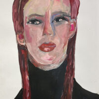 Gouache portrait painting of a woman wearing braids titled We Deny Ourselves by Katie Jeanne Wood