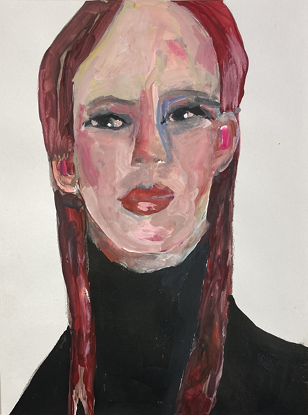 Gouache portrait painting of a woman wearing braids titled We Deny Ourselves by Katie Jeanne Wood
