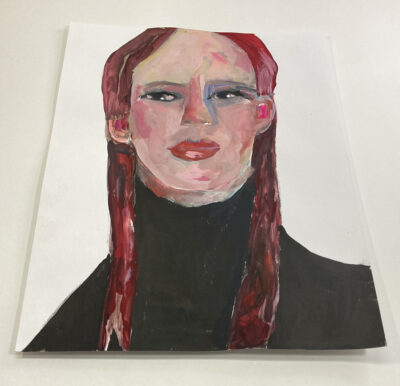 Gouache portrait painting of a woman wearing braids titled We Deny Ourselves by Katie Jeanne Wood