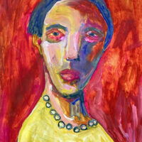 Gouache portrait painting of an older woman titled What? by Katie Jeanne Wood