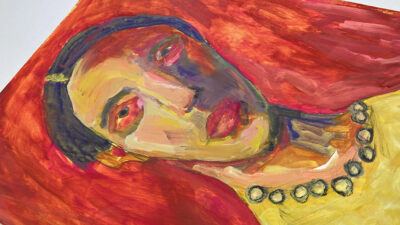 Gouache portrait painting of an older woman titled What? by Katie Jeanne Wood