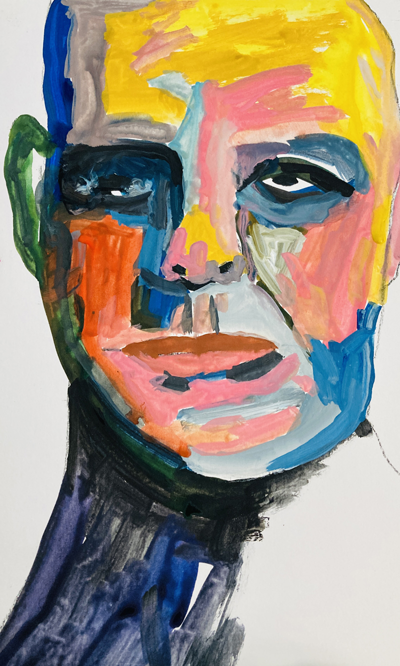 Struggling To Find His Footing - gouache portrait painting by Katie Jeanne Wood