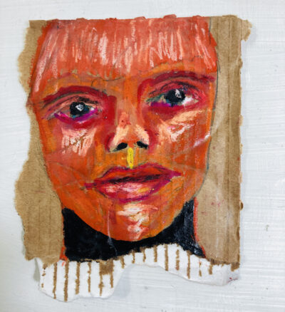 Woman with pink orange hair oil pastel painting