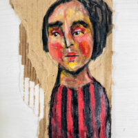 Oil pastel figure drawing of a girl wearing red & black stripes