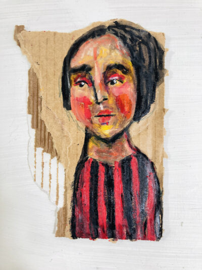 Oil pastel figure drawing of a girl wearing red & black stripes