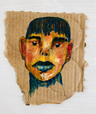 Oil pastel portrait painting of a boy with a black bangs