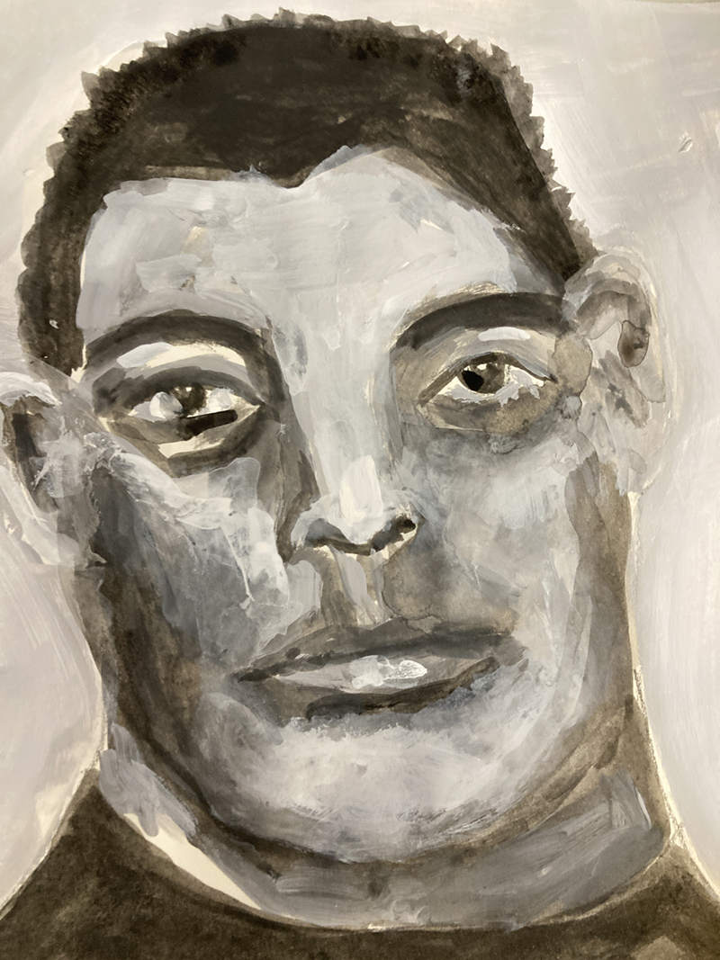 B&W gouache portrait of a man in my art journal. 