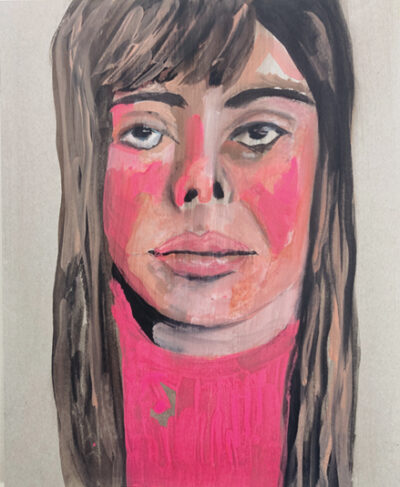 Unimpressed - gouache portrait painting of a woman with long brown hair by Katie Jeanne Wood