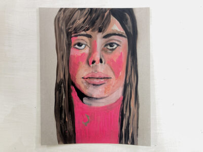 Unimpressed - gouache portrait painting of a woman with long brown hair by Katie Jeanne Wood