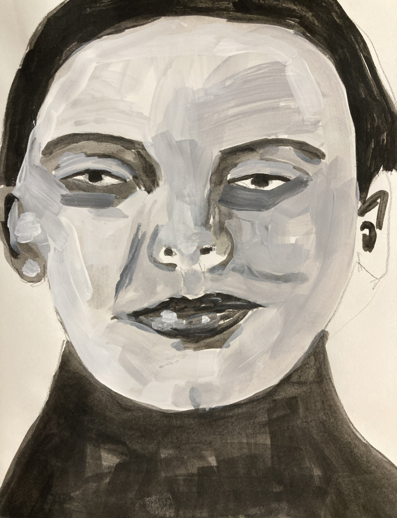 Katie Jeanne Wood - b&w gouache portrait painting 072424