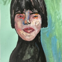 Gouache portrait painting of an woman titled She Moved Zombie Like by Katie Jeanne Wood