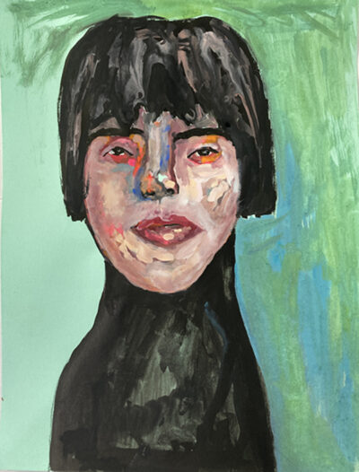 Gouache portrait painting of an woman titled She Moved Zombie Like by Katie Jeanne Wood