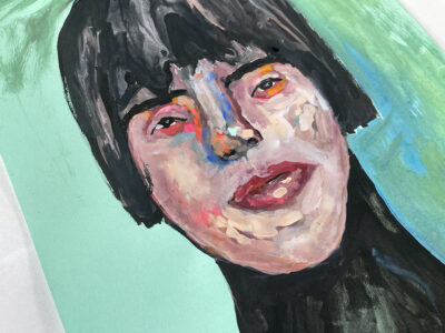 Gouache portrait painting of an woman titled She Moved Zombie Like by Katie Jeanne Wood