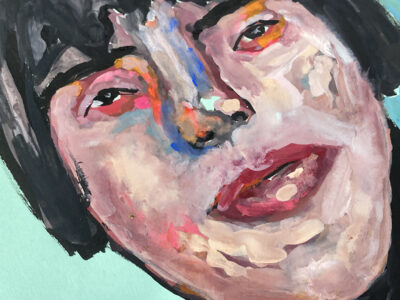 Gouache portrait painting of an woman titled She Moved Zombie Like by Katie Jeanne Wood