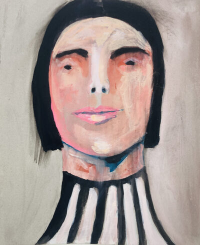 Gouache portrait painting of a proud man wearing black & white stripes