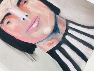 Gouache portrait painting of a proud man wearing black & white stripes