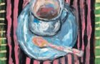 Katie Jeanne Wood - 8x8 Sipping - Still life painting of a coffee or tea cup with pink spoon, and placemat with pink stripes