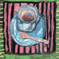 Katie Jeanne Wood - 8x8 Sipping - Still life painting of a coffee or tea cup with pink spoon, and placemat with pink stripes