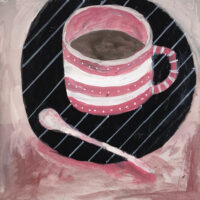 Katie Jeanne Wood - 8x8 Sipping - Still life painting of a coffee or tea cup with pink spoon & black striped plate