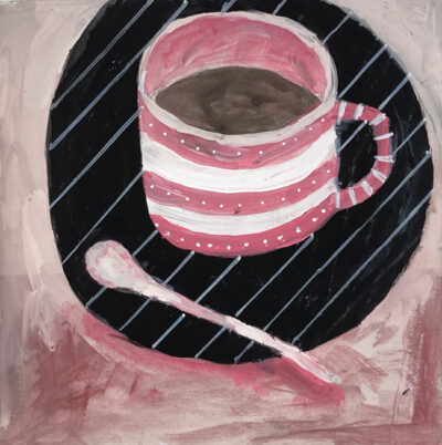 Katie Jeanne Wood - 8x8 Sipping - Still life painting of a coffee or tea cup with pink spoon & black striped plate